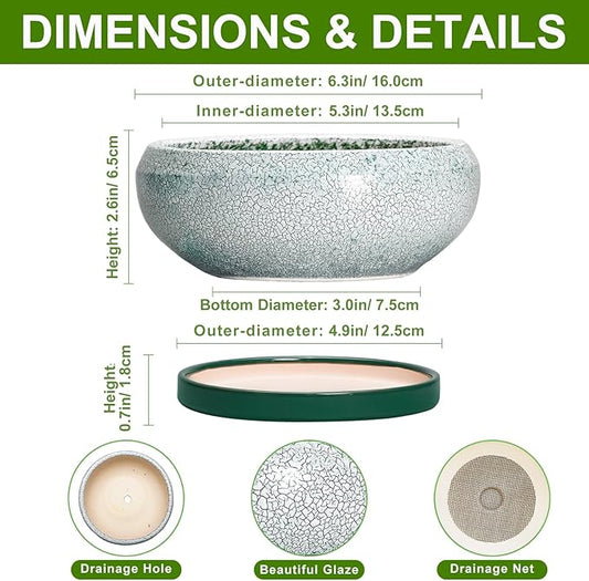 Succulent Pots - 6 Inch Ceramic Pots for Succulent Indoor Outdoor, Small Plant Pot with Drainage Hole and Saucer, Bonsai Pot, Modern Round Planter, Window Decor, Housewarming Gifts, Green