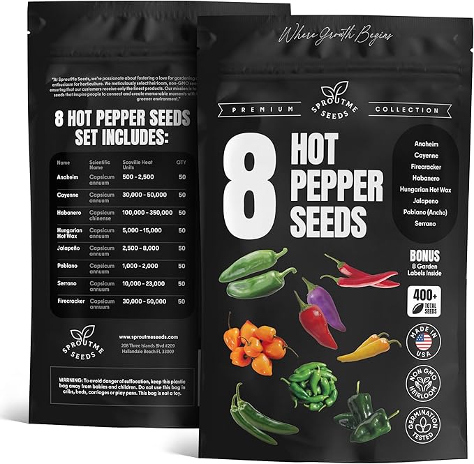 8 Hot Pepper Seeds Variety Pack – Mixed Heat Garden Collection, Anaheim, Cayenne, Habanero, Hungarian Hot Wax, Jalapeño, Poblano, Serrano & Firecracker, Non-GMO Heirloom for Indoor & Outdoor Growing