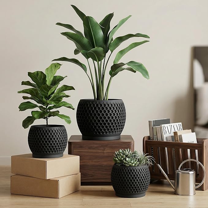 Plant Pots, Modern 3D Printed Honeycomb Planters for Indoor Plants, 4.7/6/8 Inch Matte Black Decorative Flower Pot for Office Desktop, Bookshelf & Home Decor, Lightweight & Durable
