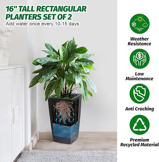 GarveeLife 16 in Tall Planters Set of 2, Outdoor&Indoor Black Planter Pots, High Front Porch Planter Pots with Drainage Holes&Water Level Monitor&Inner Bucket, Automatic Watering,Black