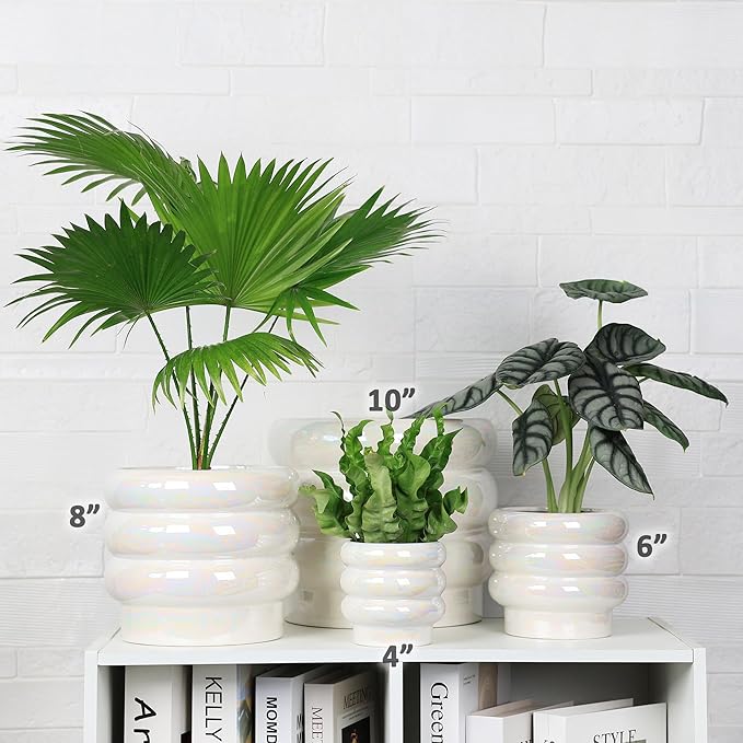 7.8 Inch + 5.7 inch 2 pcs Ceramic Plant Pots for Indoor Plants, Rainbow Pearl Glaze Planter with Planters for Plants with Drainage Hole, Orchid Pots, Succulent Pot, Flower Pot (White)