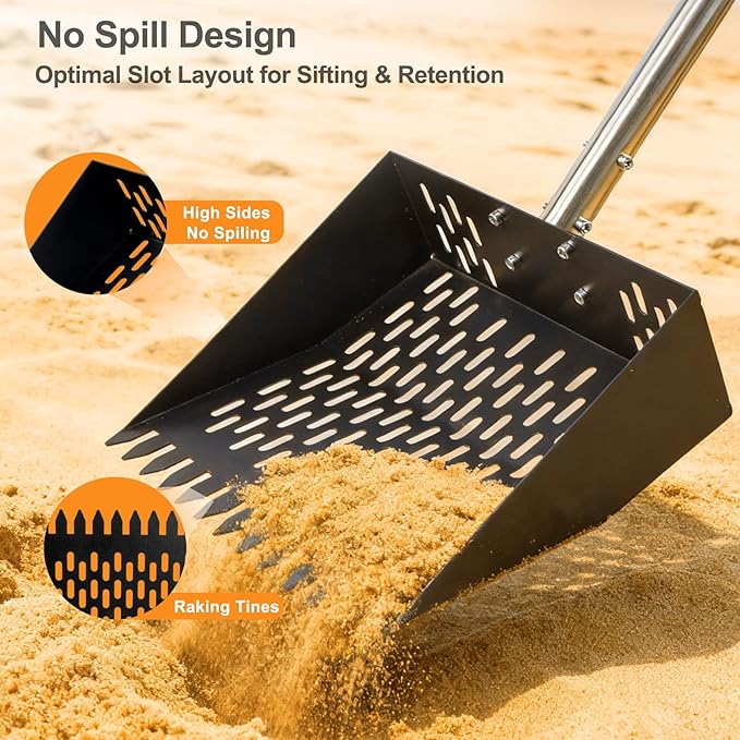 Chicken Poop Scooper and Rake – 2-in-1 Heavy Duty Metal Litter Sifter with Serrated Head & Long Mesh, Adjustable Handle for Effortless Coop Cleaning in Sand, Ideal for Chicken and Duck
