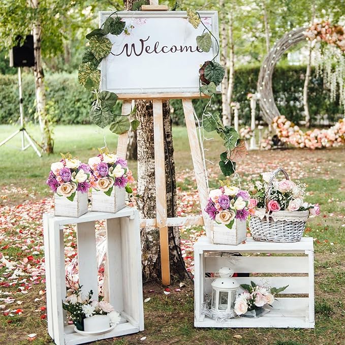 Dandat 4 Sets Wooden Cube Planter Boxes for Centerpiece 4 Inch Flower White Wood Rustic Square Vase with Removable Plastic Liner Floral Foam Block for Garden Wedding Home Arrangement Decor