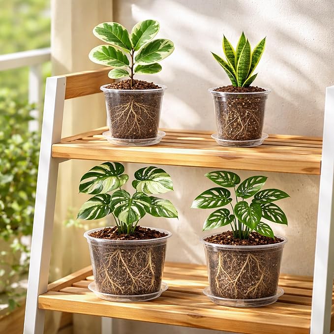 12 Pack 10/8/6/5 Inch Reinforced Large Clear Nursery Pots with Sacuers, Transparent Variety Pack Plastic Plant Pot with Drainage Holes for Vegetable Propagation, Root Cutting, Seed Starting