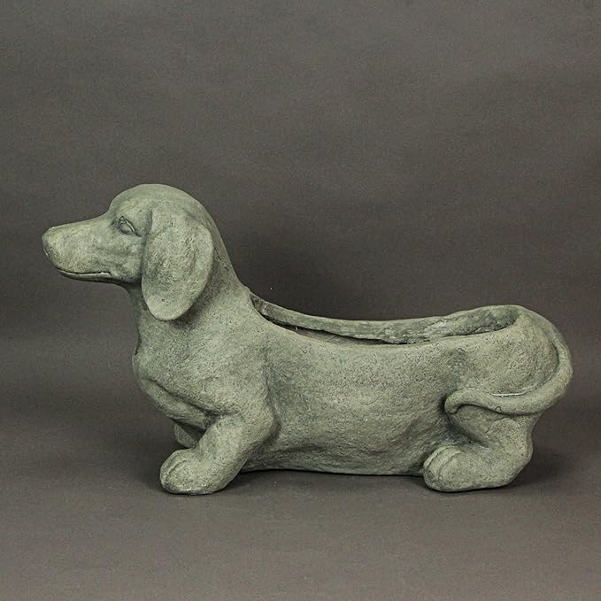 Zeckos Charming Rustic Distressed Grey Stone Finish Dachshund Dog Indoor or Outdoor Decor Planter Doxie Plant Pot - Whimsical Garden Accent for Dog Lovers - 20 Inches Long
