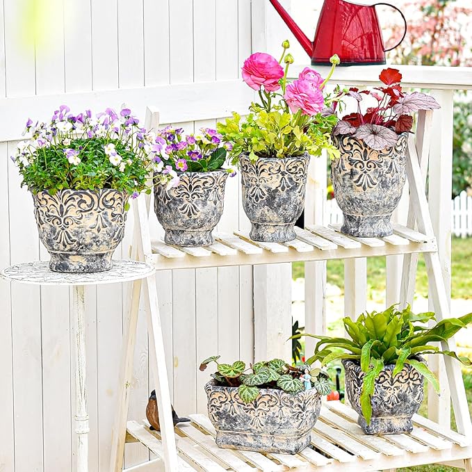 Sungmor 6.3 Inch Cement Plant Pot for Plants, Succulent Planter with Embossed Design, Vintage Concrete Flowerpots with Drainage Hole, Decorative Orchid Houseplant Pot Indoor Outdoor Plant Container
