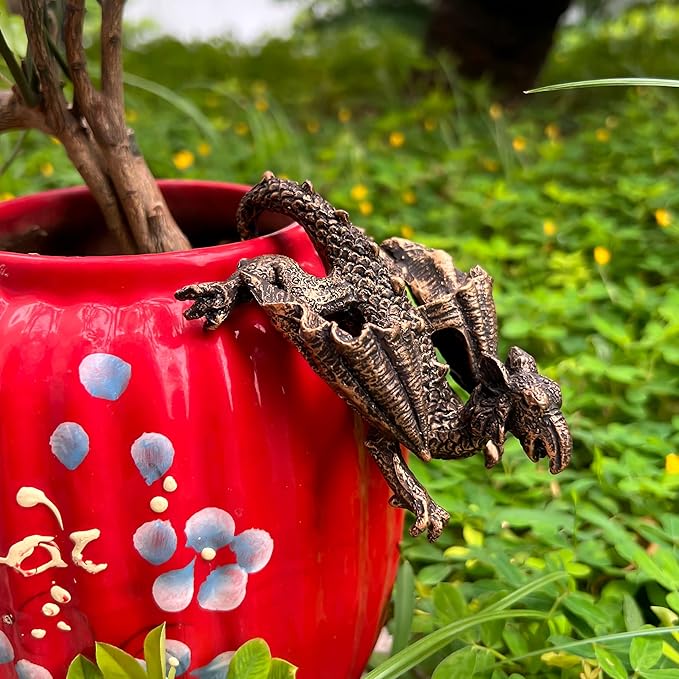Dragon Planter Pot Flower 4.3'' x 3.82'' Climbing Animal Figurine, Resin Statue and Decorative Sculpture for Vase, Plant Hanger, Garden Outdoor Stone Decor, Patio Lawn Yard Ornaments (Antique Bronze)