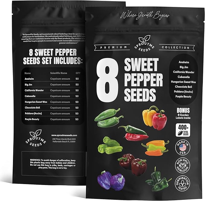 Sweet and Mild Bell Pepper Seeds – 8 Varieties, 400+ Non-GMO Heirloom Seeds for Indoor & Outdoor Growing, California Wonder, Cubanelle, Purple Beauty & Poblano