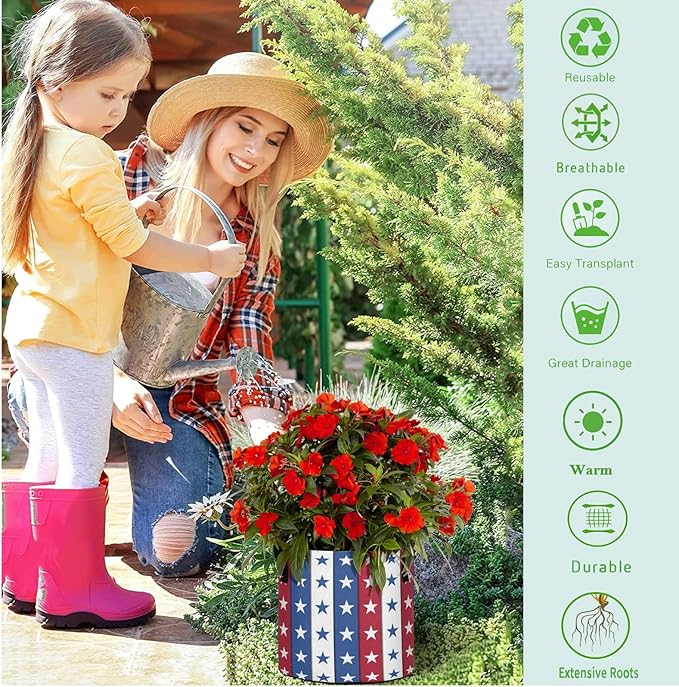 5 Gallon 4th of July Independence Day Stars Stripes Breathable Grow Bag Heavy Duty Thickened Plant Pots Containers with Handles for Tomato Potato Fruits Vegetables Flowers