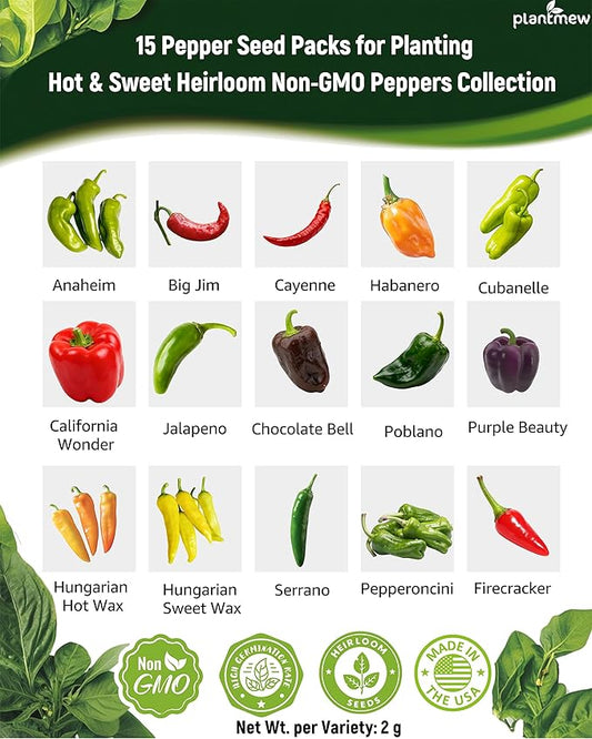 3000+ Heirloom Pepper Seeds Collection - 15 Varieties Non-GMO USA-Sourced Hot & Sweet Seeds for Planting: Cayenne, Cubanelle, Habanero, Poblano, Serrano, Big Jim & Bell for Garden