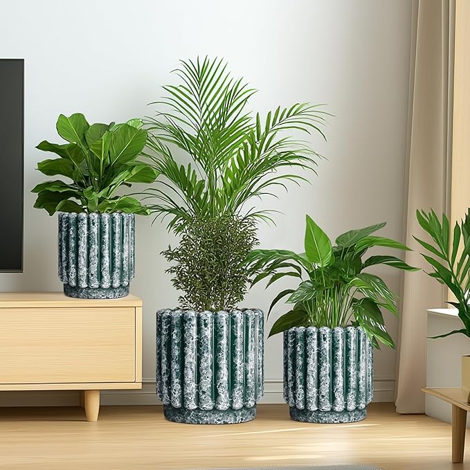 Ceramic Flower Pots 7.6 Inch - Ceramic Planters for Indoor Outdoor Plants, Decorative Plant Pot with Drainage Hole, Round Fluted Planter, Home Room Decor, Housewarming Gifts, Green