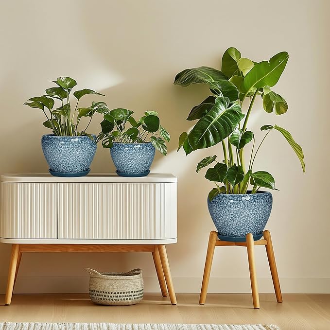Ceramic Plant Pots - 6 Inch Planter with Drainage Hole and Tray, Decorative Plant Pots for Indoor Outdoor Plants, Round Modern Flower Pot, Home Decor, Gifts for Men Women, Stone Blue