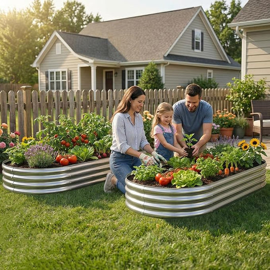 AHEONLAR 2 Pack 4x2x1ft Galvanized Raised Garden Bed Kit, Oval Large Metal Planter Box, Sturdy and Durable, Garden Boxes Outdoor Raised for Vegetables, Fruits, Flowers and Herbs(Silver)