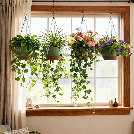 4 Pack 8 Inch Self Watering Hanging Planters for Indoor Outdoor Plants,Hanging Pots for Plants with Drainage Removable Tray, Hanging Baskets Flower Pots for Pothos Spider Garden Green with Brown