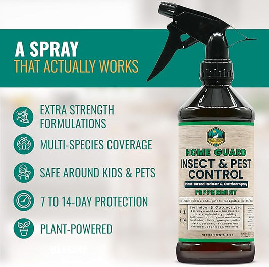 Home Guard Peppermint Insect & Pest Control Spray – Peppermint & Cedarwood Oil Deodorizer with Extended Protection – USA-Made, Safe for Kids & Pets – Kills & Repels Bugs – Indoor & Outdoor Use - 16oz