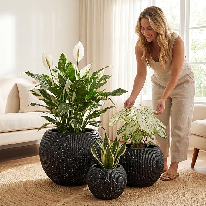 DTY Mount Sherman 12.6" D x 10'' H (Pot Opening 8.5") Fiberstone Round Planter with Drainage Hole, Smooth Finishes, Weather Resistant for Indoor and Outdoor, 2 Extra Coco Mats - Ribbed Black, Small