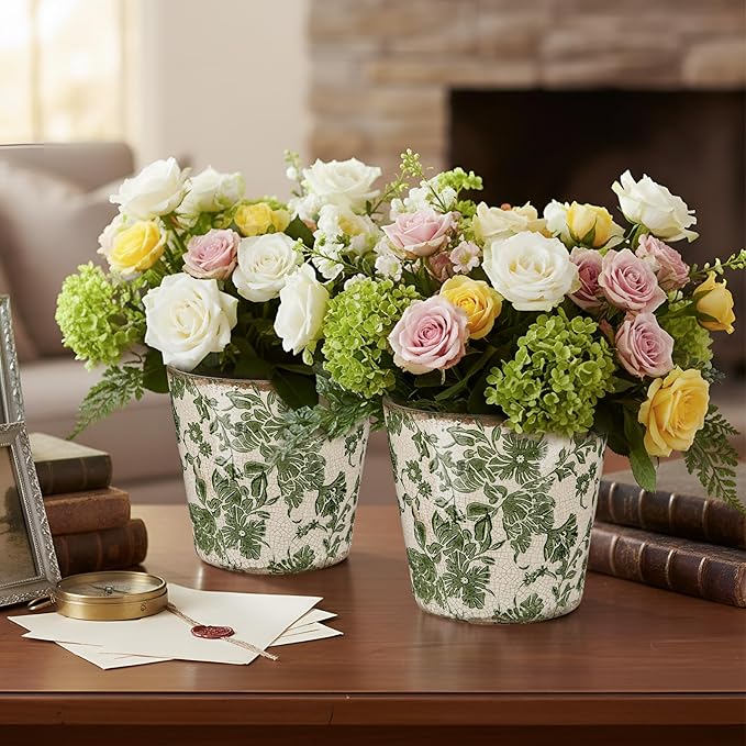 2 Pcs Farmhouse Ceramic Planters Gifts Set 5.1"x 5.5" Christmas Vintage Flowers Pots Green Ice Crackle Glazed Plants Pots with Drainage for Rustic Boho Indoor Outdoor Plants Home Office Decor