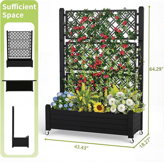 Raised Garden Bed with Trellis, 21 Gallon Self Watering Planter Box with Lockable Wheels & Drainage Holes for Climbing Plants Vegetables Flowers, Anti-Rust Resin for Backyard Patio (Black)