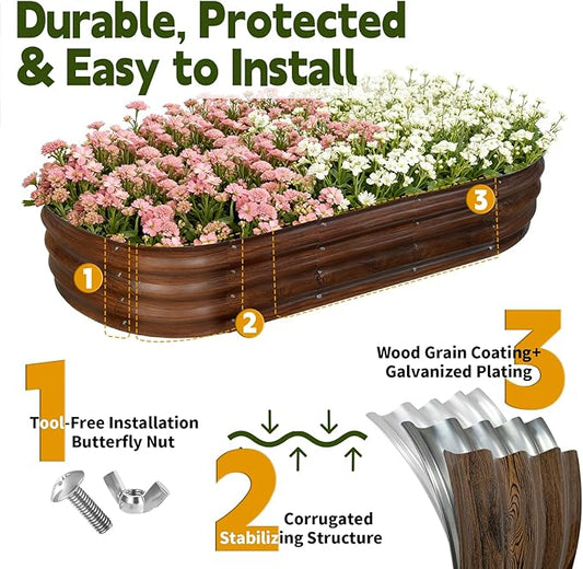 Galvanized Raised Garden Bed Outdoor, Large Raised Bed for Gardening, 6x3x1ft Oval Metal Planter Box for Vegetables, Fruits, Flowers, Dark Brown Wood Grain