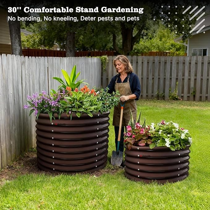 A ANLEOLIFE 6-Piece 30 Inch Extra Tall Galvanized Raised Garden Beds Kit, Large Oval & Round Metal Planters – Ideal for Backyard Vegetables Flowers Herbs, CaféBronze