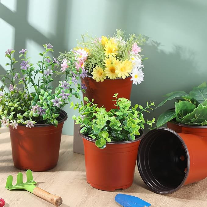 Geosar 6 Inch Nursery Pots Bulk - Plastic Planter Pots with Drainage Holes for Seed Starting, Succulents, Flowers, Indoor Outdoor Plants(100 Pcs)