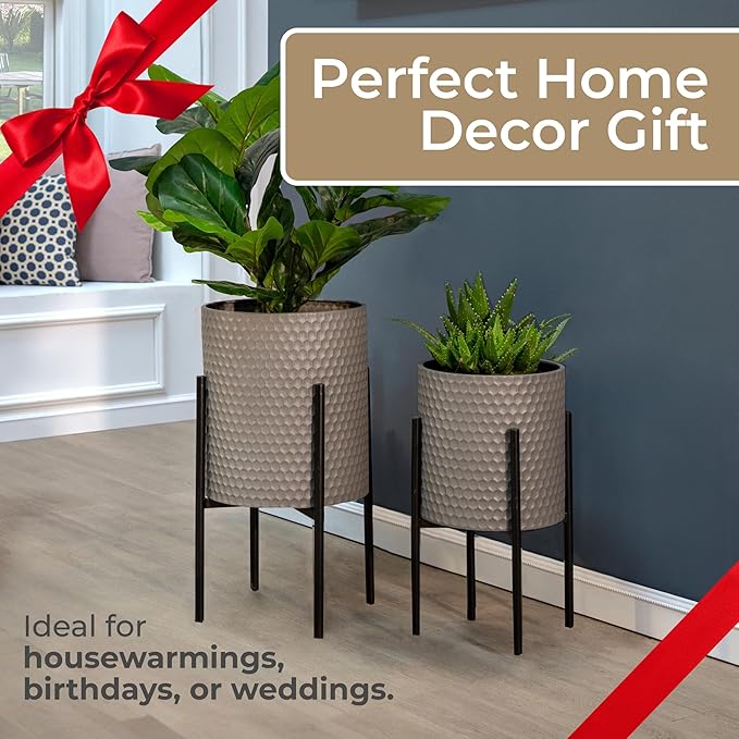 Decorative Flower Pots with Metal Stand for Home Decor - Modern Planters for Hallway, Entryway, and Living Room Decor - Indoor and Outdoor Pots for Plants - Set of 2, 23", 19", Gray & Black