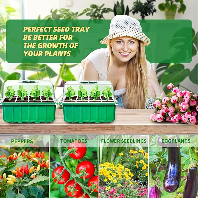 60-Cell Seed Starter Tray, 5 Pack – Cells Plant Grow Kit with Humidity-Vented Domes and Base for Organic Seed Germination, Ideal Plant Starter Kit with Labels & Transplant Tools