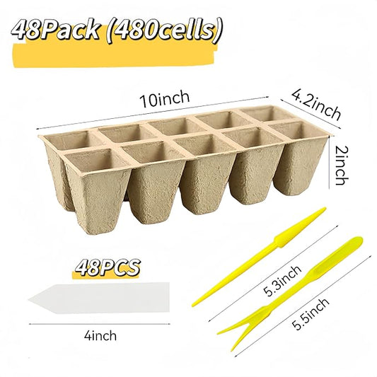 480 Cells Seed Starter Tray 48 Packs Biodegradable Peat Pots Germination Trays Organic Seed Starting Trays kit with 48 Labels 2 Transplant Tools