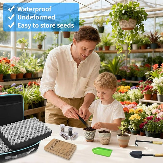 Seed Storage Organizer Box with 120 Slots and Plastic Bottles, Garden Seed Saver Kit with Envelopes, Labels, Funnel & Tweezers, Airtight Seed Storage Case for Flowers, Vegetables, Herbs & Plants