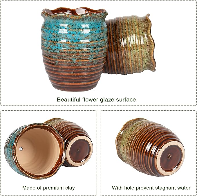 2 Pack Ceramic Plant Pots - Flower Pots with Drainage Hole Classical Old Pile Pots for Outdoor/Indoor Plants, Flowers, Succulents, Cactus (4.5 Inch)
