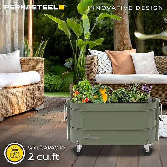 Permasteel Self-Watering Garden Bed, Rolling Planter for Vegetables, Flowers, Herbs, and Fruit, Outdoor Indoor, Caster Wheels, Army Green