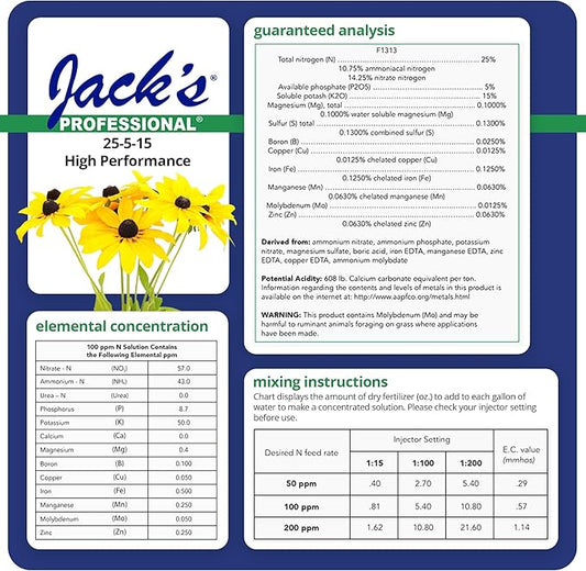 Jack's Professional 25-5-15 High Performance Water-Soluble Fertilizer with Micronutrients for Heavy Feeding Plants in Continuous Liquid Feed Programs, 25lbs
