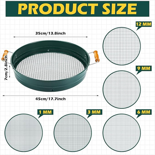 Soil Sifter for Gardening with 1, 3, 6, 9, 12 mm Sieve Mesh Compost Dirt Sifter with Handle Large Garden Sand Soil Rock Sieve 17.7" l x 13.8" W for Sand Rocks Pellet Gravel (Green)