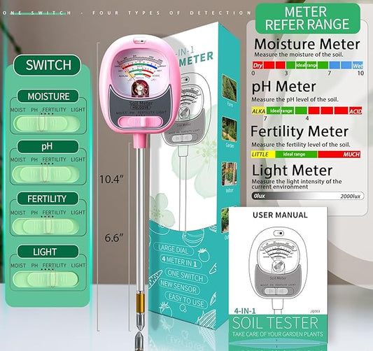 HSLGOVE 4-in-1 Soil Test Kit – Soil Moisture Meter, pH, Fertility & Sun-Light, No Battery Required, Large Dial Soil Tester for Indoor & Outdoor Gardening, Lawn, Farm –Rose Pink