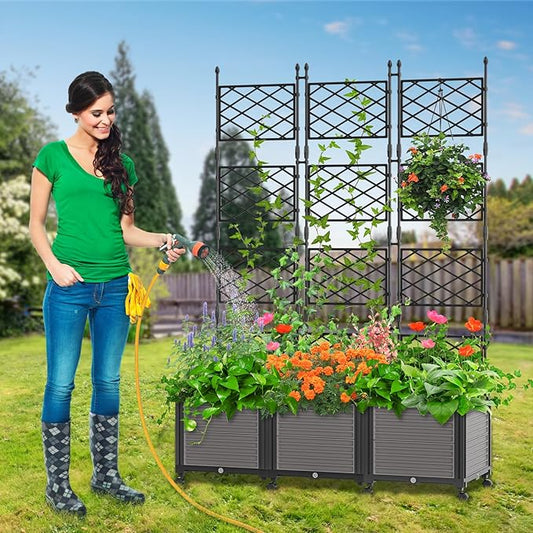 DoCred 63" H Raised Garden Bed Planter Box with Trellis, Floorstanding Vertical Horticulture Planter Box Tomato Cage with Wheels for Vine Climbing Plants, Flowers, Herbs