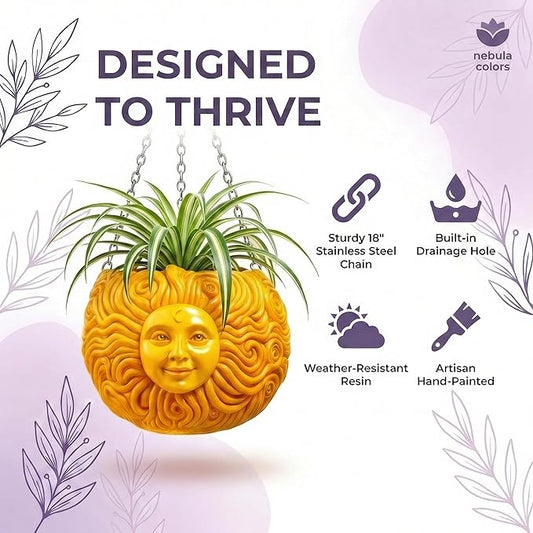 Fun & Unique Sun Face Hanging Planter Quirky Celestial Decor for Plant Lovers – Indoor Outdoor Flower Basket for Succulents & Small Plants – Decorative Garden Yard Art