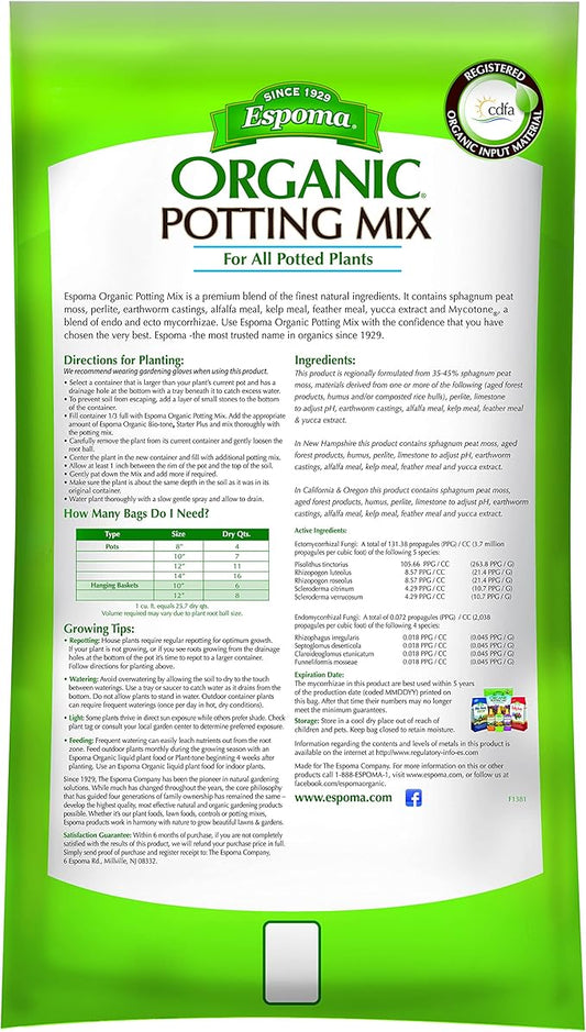 Espoma Organic Potting Soil Mix - All Natural Potting Mix For All Indoor & Outdoor Containers Including Herbs & Vegetables. For Organic Gardening, 1 Cubic Foot. bag. Pack of 1