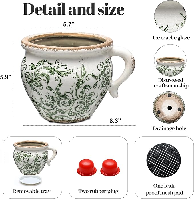 Vintage Flower Pot Rustic Planter Container with Handle Ceramic Ice Crack Plant Pot with Drainge Hole Decorative Planter for Indoor and Outdoor Tuscan Decor Vase Gardening Gift (Green)
