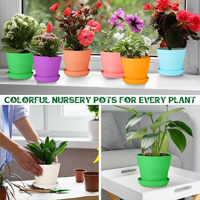 Aodaer 24 Pack 4 Inch Plastic Planters with Multiple Drainage Holes and Tray Indoor Outdoor Flower Plant Nursery Pots with Labels Flower Seedling Pots for Herb Garden Home Succulents, Assorted Colors