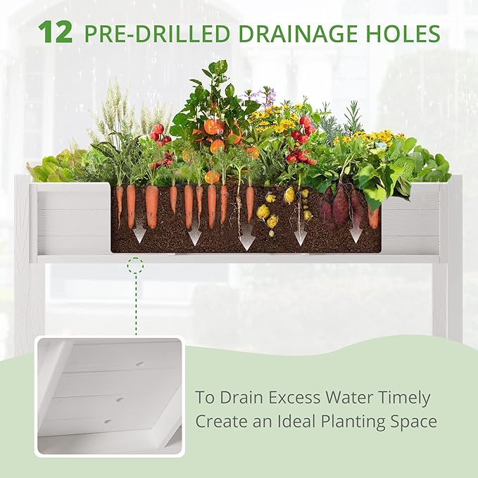 LUE BONA Raised Garden Bed with Tools, 47*18*29 in, Poly Elevated Planter Box with Legs And Storage Shelf, Weather Resistant, 3-Year Warranty, Standing Growing Bed Herb Planter for Vegetable, White