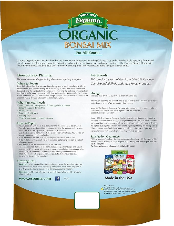 Espoma Organic & Natural Bonsai Soil - All-Purpose Bonsai Tree Soil Mix, All-Natural Organic Material Great for All Bonsai Trees Nutrient-Rich Bonsai Soil Mixture (4 Quarts)