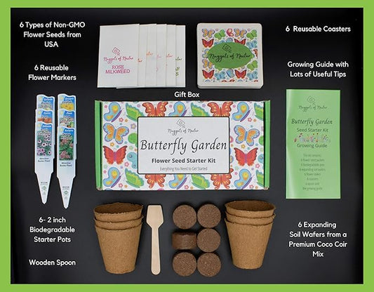 Butterfly Garden Flower Seed Starter Kit - Grow 6 Types of Wildflower Seeds Including Milkweed, Coreopsis, Cosmos, Echinacea, Gaillardia and Zinnia Seeds