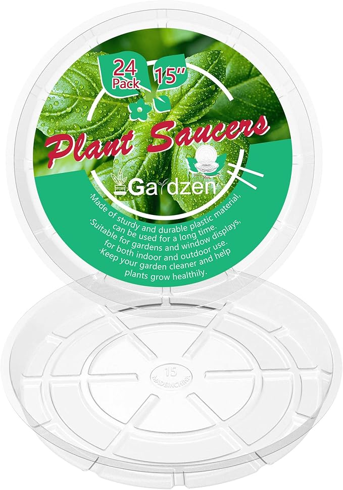 Gardzen Heavy Duty Clear Plastic Plant Saucers, Flower Pot Tray - Excellent for Indoor & Outdoor Plants (15-Inch, 24-Pack)
