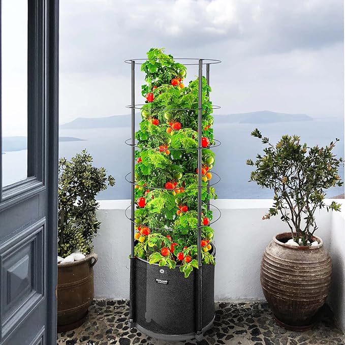 Outland Living Large Tomato Planter with Metal Trellis 68 Inch, 20 Gallon Fabric Pot with Drainage - Tall Cages for Climbing Outdoor Plants Cucumber, Grape, Beans and Flowers, Black (Pack of 1)
