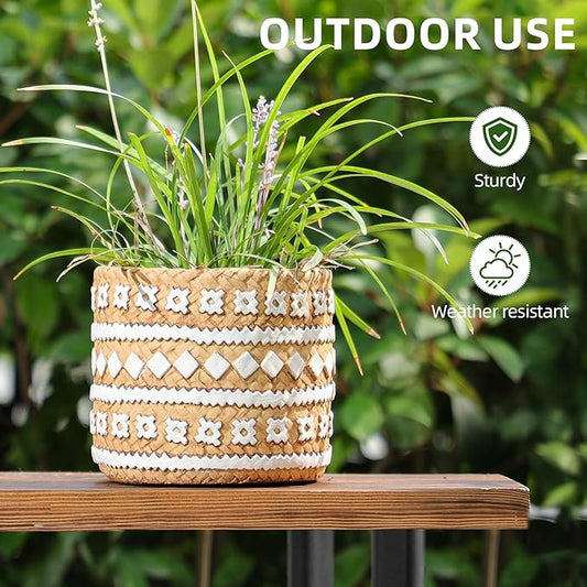 Concrete Rattan-Style Plant Basket Planter, 5" Plant Pots Indoor Outdoor with Drainage Hole, Boho Flower Pot for Succulents, Herbs, Modern Farmhouse Decor, Ideal Gift for Plant Lovers