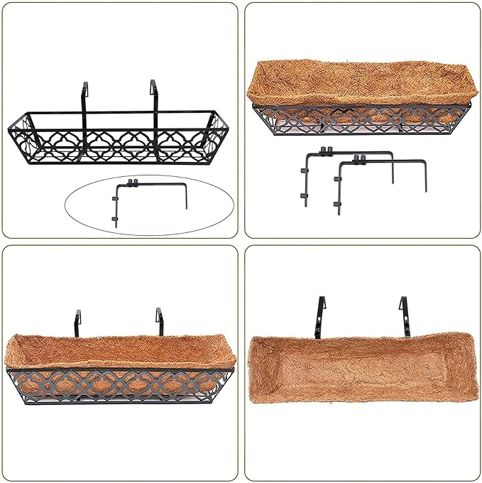 4pcs 30 Inch Window Deck with Coco Liner, 30" Window Boxes Horse Trough with Coconut Coir Liner, Metal Hanging Flower Planter Basket Deck Railing Planter Boxes for Outdoor Indoor Lawn