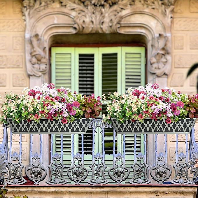 2 Pack 24 Inch Window Boxes Planters Railing Planter Box with Adjustable Brackets & Non-Woven Fabric Plant Grow Bags Deck Railing Planter Boxes Balcony Hanging Flower Box for Outdoor Plants