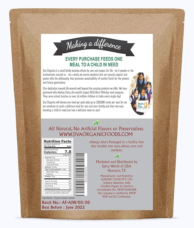 Jiva Organic Ajwain Seeds 1.5 LB Bag - Non-GMO - Bishops Weed or Carom Seeds
