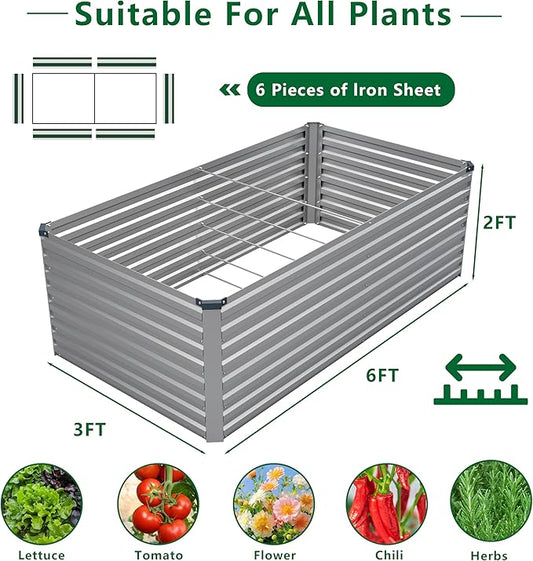 6x3x2FT Galvanized Raised Garden Bed Kit,Vegetable Plant Boxes-Rectangle Metal Flower Box,Large Planter Raised Beds Outdoor Garden for Planting,Fruit,Herb-Silver