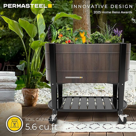 Permasteel Raised Garden Bed with Legs, 40×20×37 in, Planter Box with EnGrow™ TrueSoil™ Technology for Vegetables, Flowers, Herbs, and Fruit, Outdoor Indoor, Storage Shelf, Wood Brown